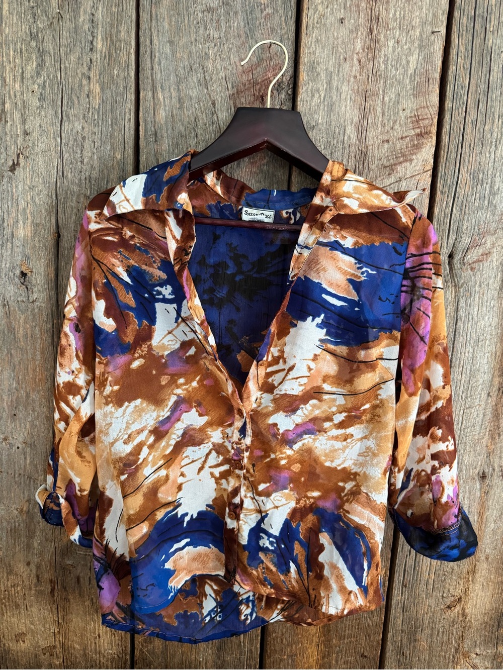 Vintage Sassy Doll Creations Stunning Abstract Print Blouse - Brown & Blue